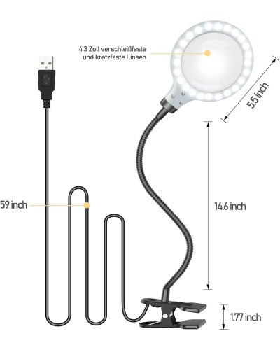 Lampe de travail sur table avec loupe  LED 5X , 5 réglages 