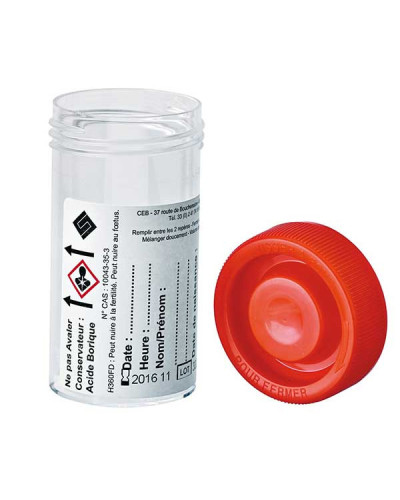 Flacon 60ml en polystyrène transparent cape à  vis rouge Qualibact résistant 95 kPa