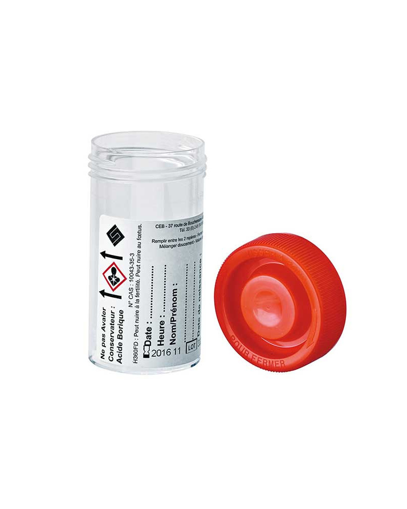 Flacon 60ml en polystyrène transparent cape à  vis rouge Qualibact résistant 95 kPa