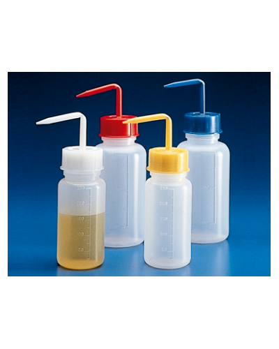 Pissette à  col large PE 500 mL, bouchon bleu