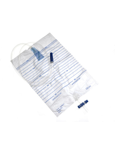Poche à urine stérile 2 litres avec valve anti-retour et vidange.