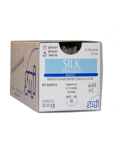 Fil de suture Soie noir tressée multi-filament, Aiguille ronde 3/8