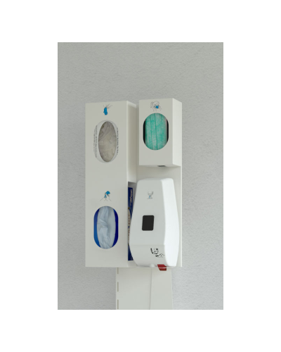 Distributeur électronique de gels désinfectants, de masques de protection, de gants et de lingettes.