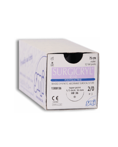 Fil de suture PGLA 2, 75cm rond corsé 3/8 cercle 36mm, boite de 12