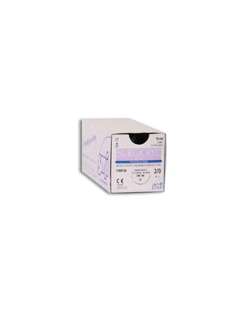 Fil de suture PGLA 2/0, 75cm coupe inversée 3/8 cercle 30mm, boite de 12 Fil de suture PGLA 2/0, 75cm coupe inversée 3/8 cercle 30mm, boite de 12