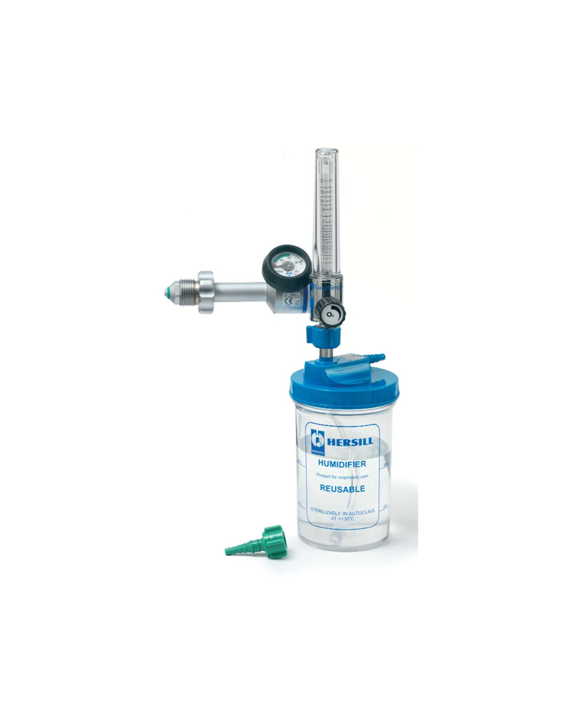 Détenteur oxygène avec débitmètre à  orifices précalibrés et humidificateur Détenteur oxygène avec débitmètre à  orifices précalibrés et humidificateur