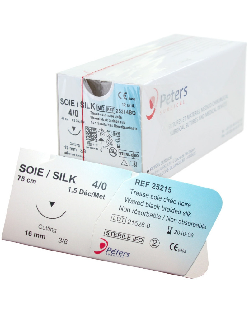 Fil de suture en soie noire tressée, aiguille ronde 1/2 Fil de suture en soie noire tressée, aiguille ronde 1/2