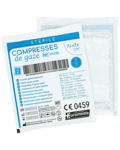 Compresse Gaze Tissée Stérile - format 7,5 x 7,5 cm plié (27 x 30 cm ouvert ) boite de 20