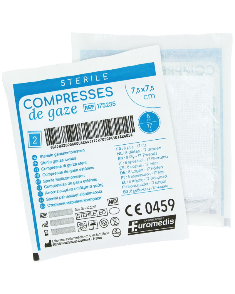 Compresse Gaze Tissée Stérile - format 7,5 x 7,5 cm plié (27 x 30 cm ouvert ) boite de 20