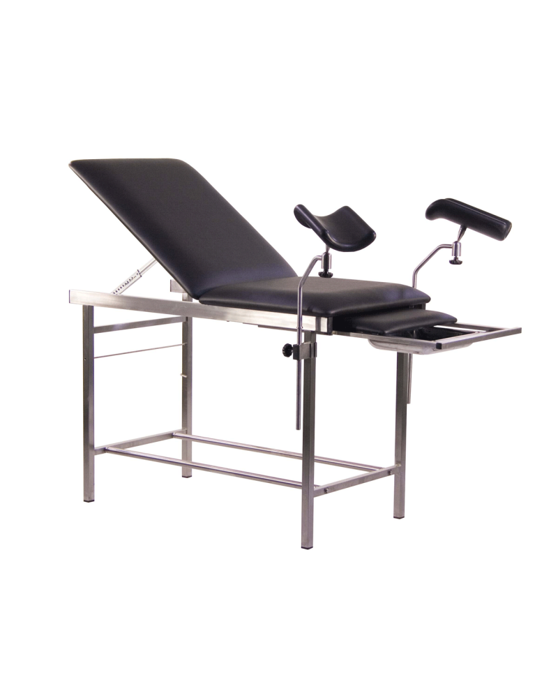 Divan d\'examen gynécologique en inox avec 3 sections et porte rouleau