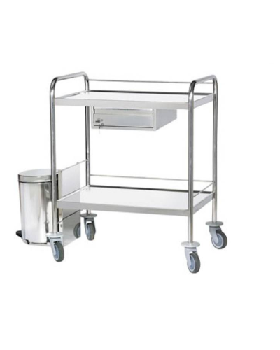 Chariot inox à pansements, 2 plateaux, avec le tiroir et poubelle