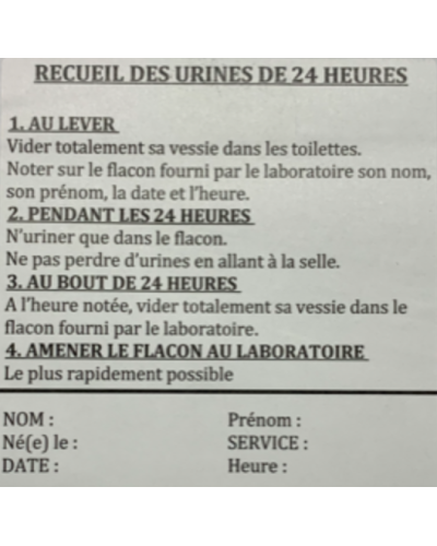 Etiquettes «mode d'emploi» pour recueil d'urines de 24 heures