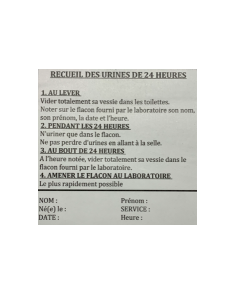 Etiquettes «mode d'emploi» pour recueil d'urines de 24 heures