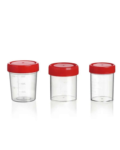 Flacon 60ml en polypropylène translucide cape à  vis rouge stérile