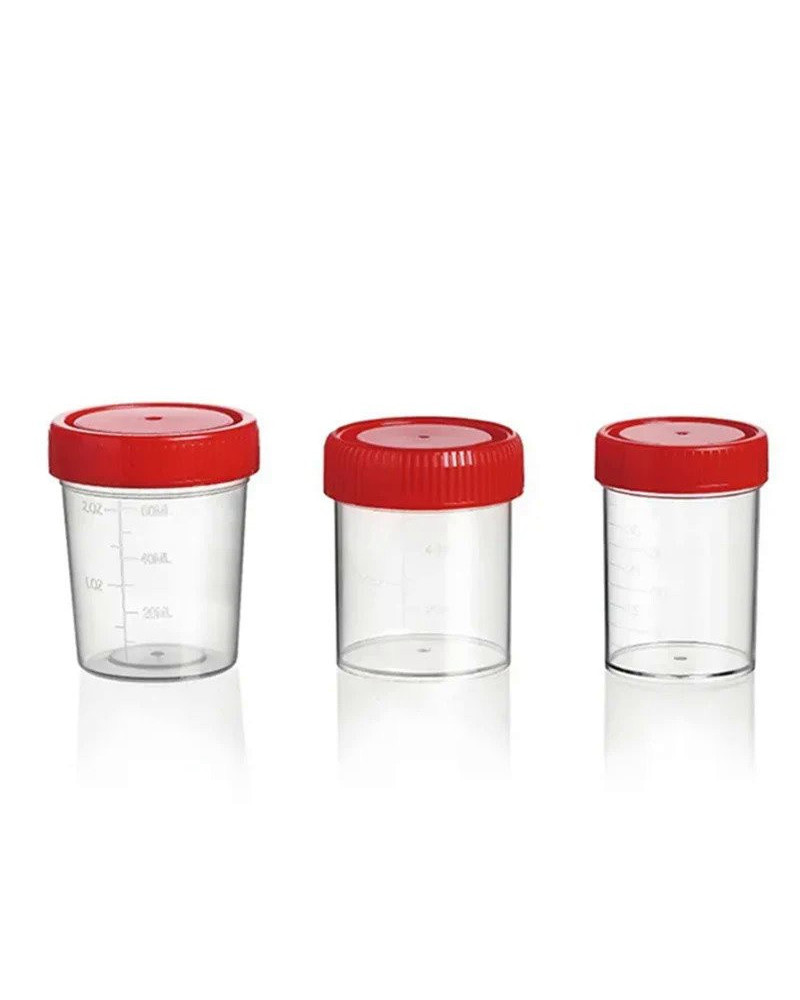 Flacon 60ml en polypropylène translucide cape à  vis rouge stérile