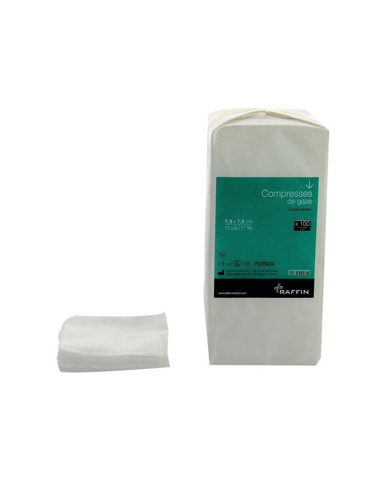 Compresse de gaze hydrophile en coton purifié, 75 x 75 mm