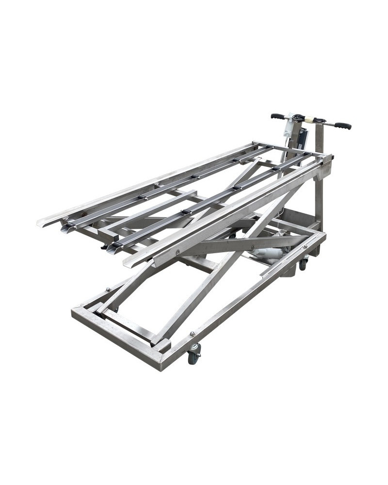 Chariot élévateur inox motorisé pour cellules réfrigérées – levage jusqu’à 2 m