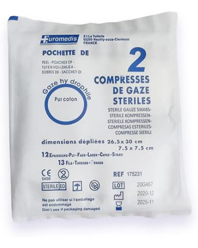 Compresses de gaze stériles 17 fils 16 plis 10 x 10 cm (40 x 40 cm) sachet de 1, boite de 100 compresses