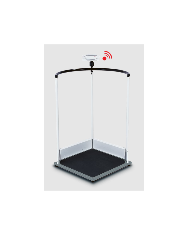 Pèse-personne avec main courante compatible intégration BMI doté d’une large plateforme