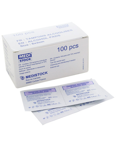 Tampons alcoolisés Medistock 6x3 cm boîte 100 injections | Socimed