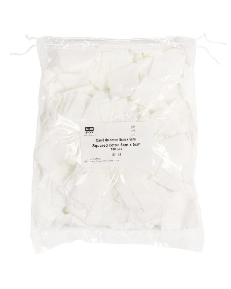Carrés de coton Medistock 5x5 cm prédécoupés sachet 700 | Socimed